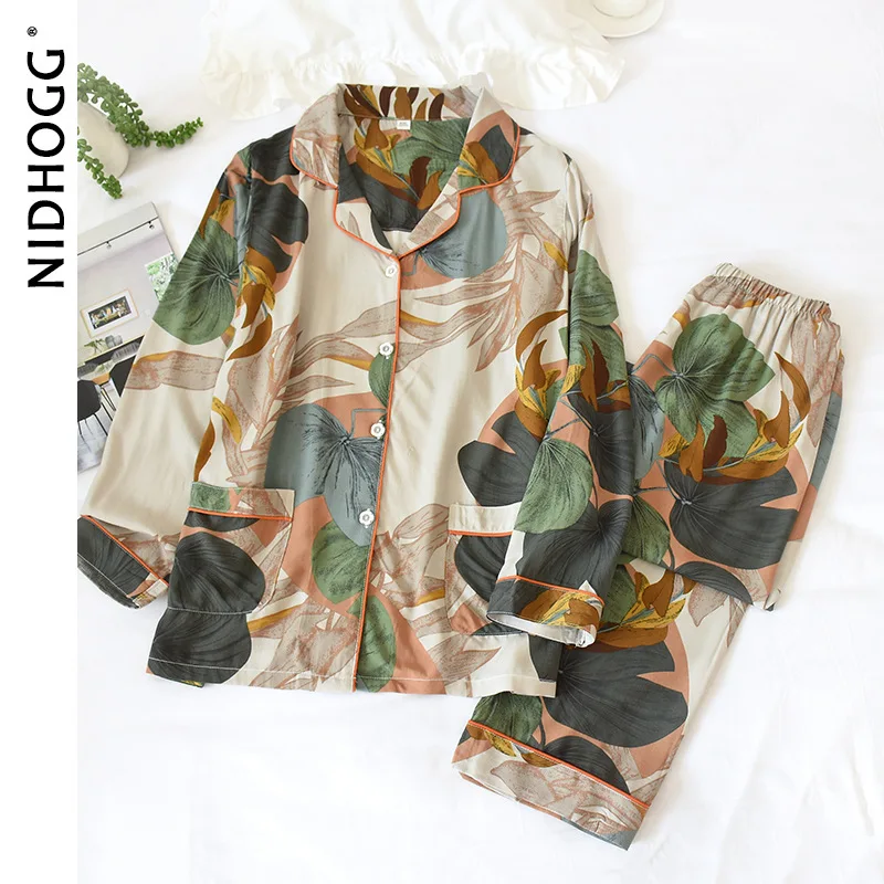 New 100% Viscose Long-sleeved Trousers Ladies Pajamas Suit Plus Size Long Sleepwear Women's Home Nightwear Satin Two Piece Set