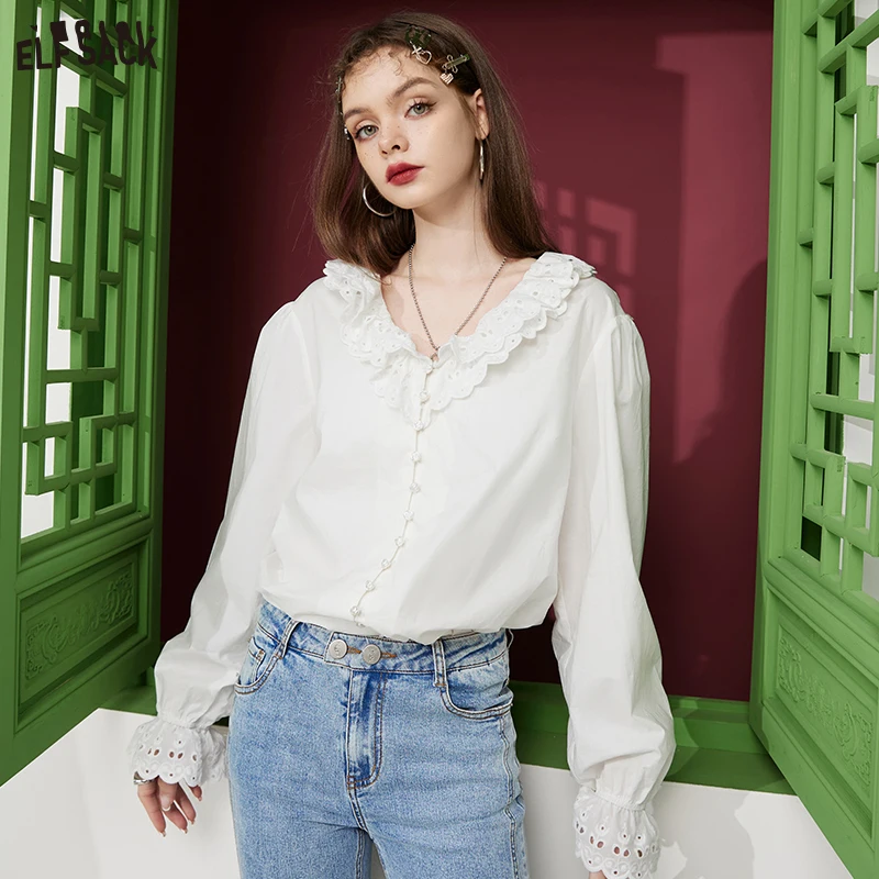 ELFSACK White French Lace Collar Blouses Women 2023 Spring New Casual Tops