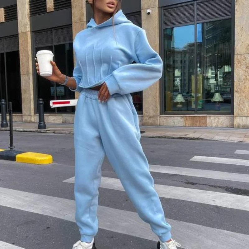 

Women Drawstring Hooded Sweatshirts + Long Pants Suit Elegant Long Sleeve Crop Top Winter 2pc Set Fashion Female Slim Tracksuit