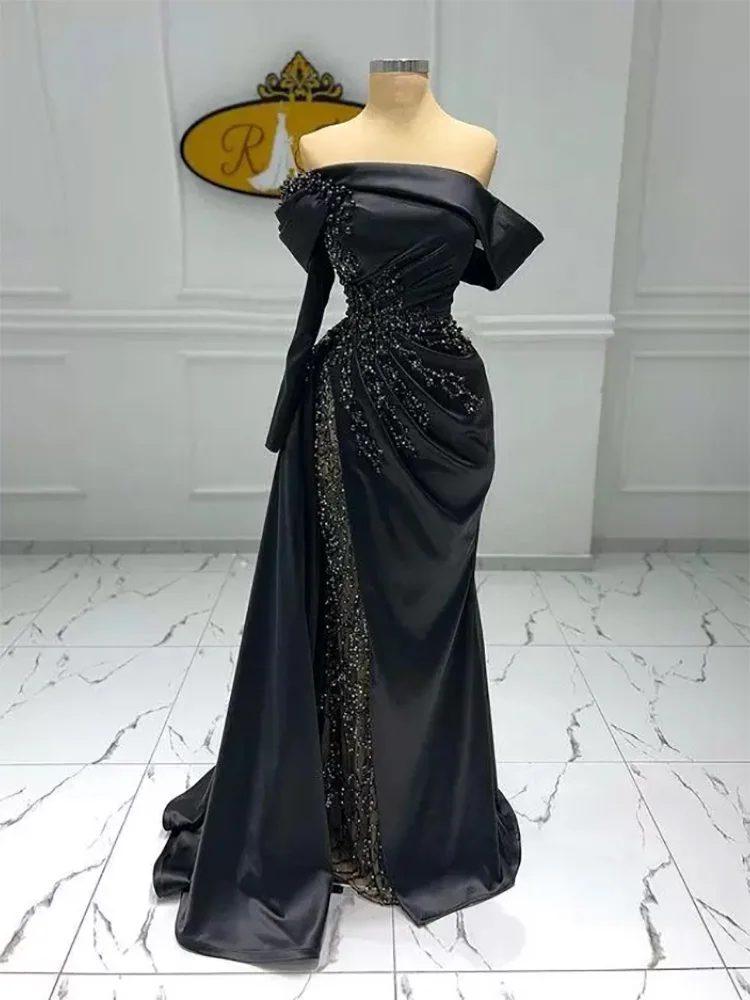 

Black Mermaid Evening Dress for Women Off the Shoulder Long Sleeve Beaded Party Formal Occasion Elegantes Mujer Vestidos 2023