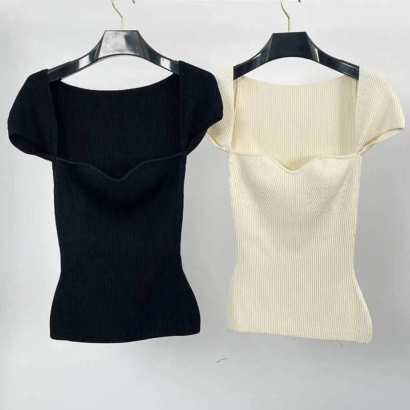 

23Fashion New Solid Knitted Tee Runway Simple Square Neck Short Black Sleeve Slimming Tops Sexy Women High End Clothes 2Color