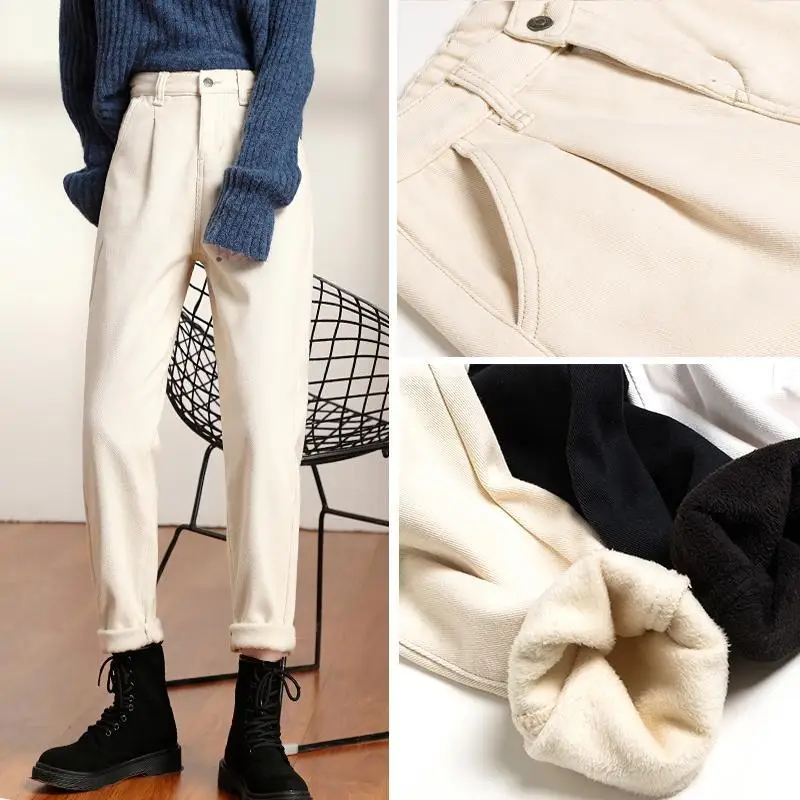 

Autumn Winter Plus Velvet Warm Retro Jeans Women Loose Straight High Waist Pants Women's Ninth Pants Apricot Harem Pants
