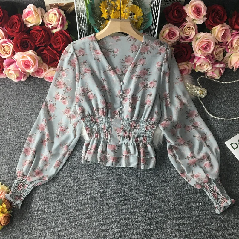 

Puff Sleeve Tops Chiffon Long Sleeve Shirt Floral Print Blouse Elegant V-neck Short Women Sweet Edible Tree Fungus Clothes 25981