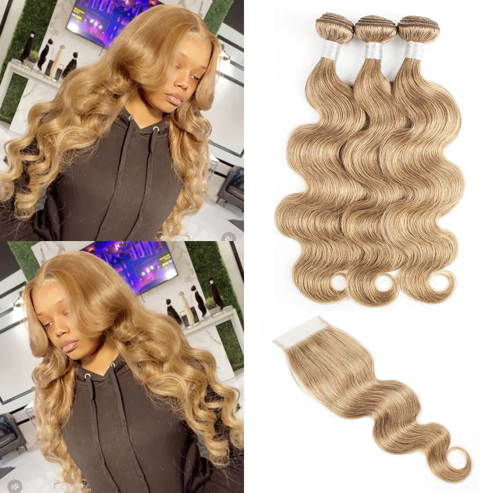 Color 27 Honey Blonde Body Wave Bundles with Closure Transparent 4x4 Lace Remy Human Hair Weave Extension Bobbi Collection