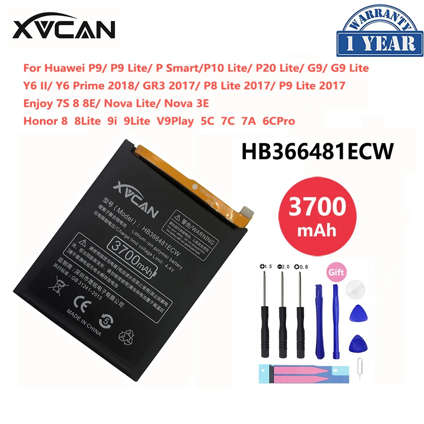 Orginal XVCAN Phone Battery 3700mAh HB366481ECW For Huawei Ascend P9 G9 Honor 8 9i 9 5C 7C 7A Y6 II Prime 2018 GR3 P8 Lite 2017