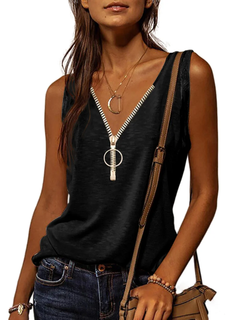 

2022 Tank Top Women Summer Casual Loose Solid Top Zipper V Neck Sexy Streetwear Vintage Vest Fashion Basic Sleeveless Camisole