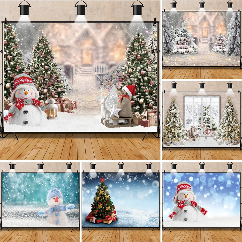 

Winter Christmas Backdrop for Photography Snowman Pine Tree Snowflake Newborn 1st Birthday Children Baby Shower Background