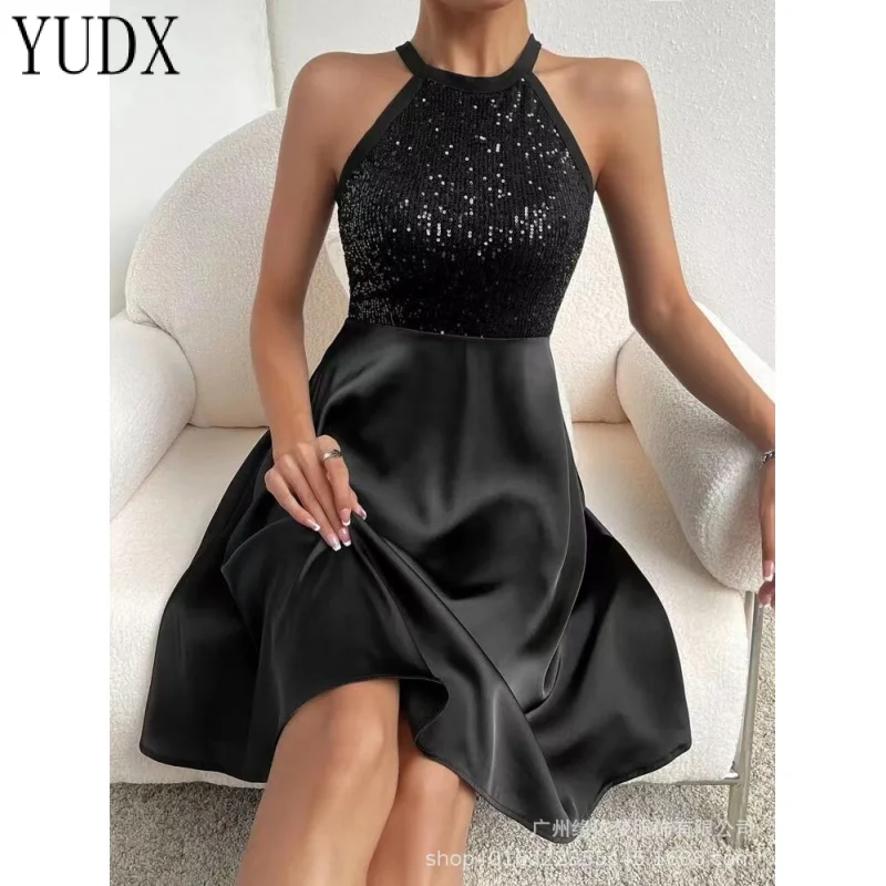 

2023 Summer New European and American Women's Clothing Sequin Stitching Sleeveless Solid Color Dress y2k Women's dress Dresses