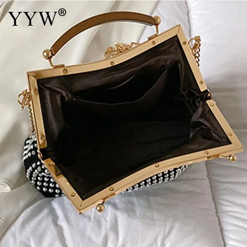 Fashion Diamond Beads Glitter Women Clutch Handbag Metal Top Handle Soft PU Leather Rhinestone Lady Chain Messenger Tote Purse