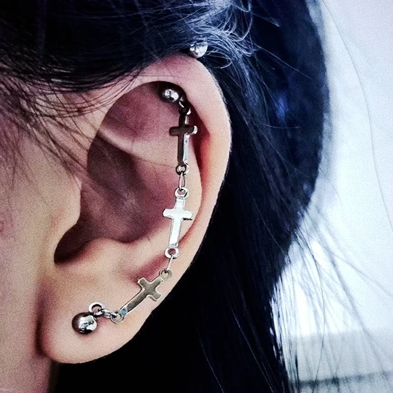 

Punk Stainless Steel Cross-Chain Ears Stud Lobe Cartilage Earrings Helix Industrial Ear Piercings Earrings 16g 20g Conch Tragus