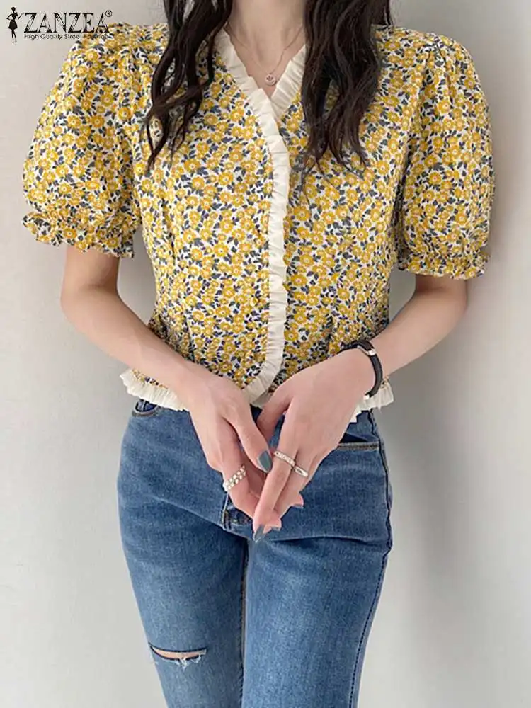 

Casual Holiday Puff Sleeve Camisas Oversized 2022 Summer V Neck Shirts Women's Elegant Ruffle Blouse ZANZEA Floral Printed Tops