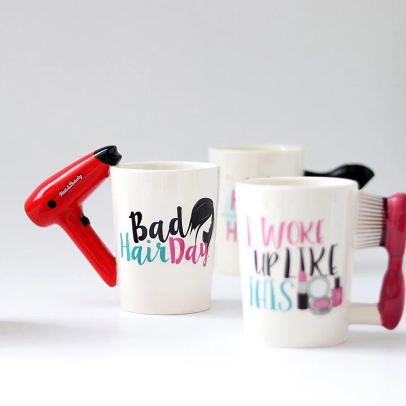 

3D Hand Painted Creative Ceramic Mugs Girl Tools Beauty Kit Handle Tea Coffee Mug Hair Dryer Handle Mug Tea Cup for Women Gift