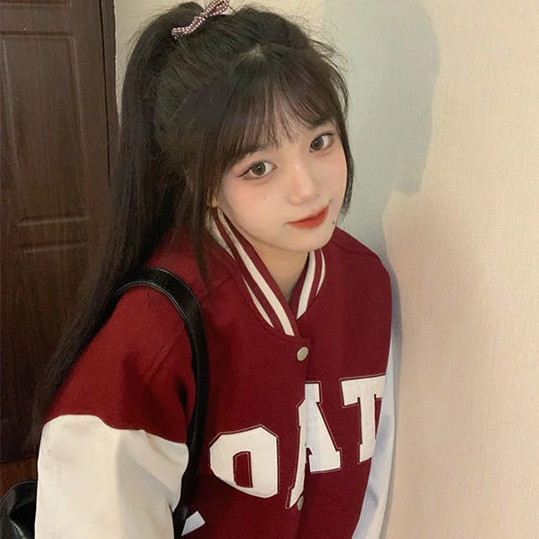 

American Red Retro Baseball Bomber Basic Autumn Jacket Female Jacket Women Clothing Harajuku Streetwear Outerwear Coats