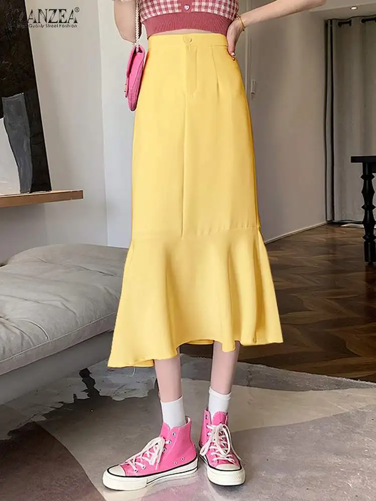 

ZANZEA Fashion High Waist Mermaid Skirt Women Solid Color Jupe Elegant Ruffled Hem Midi Skirt 2023 Summer Korean Fishtail Faldas