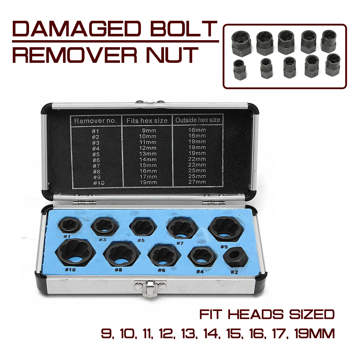 

10 pcs/set Damaged Bolt Nut Screw Remover Extractor Removal Set Threading Hand Tools Kit With Box Cased Nut Removal Socket Tool
