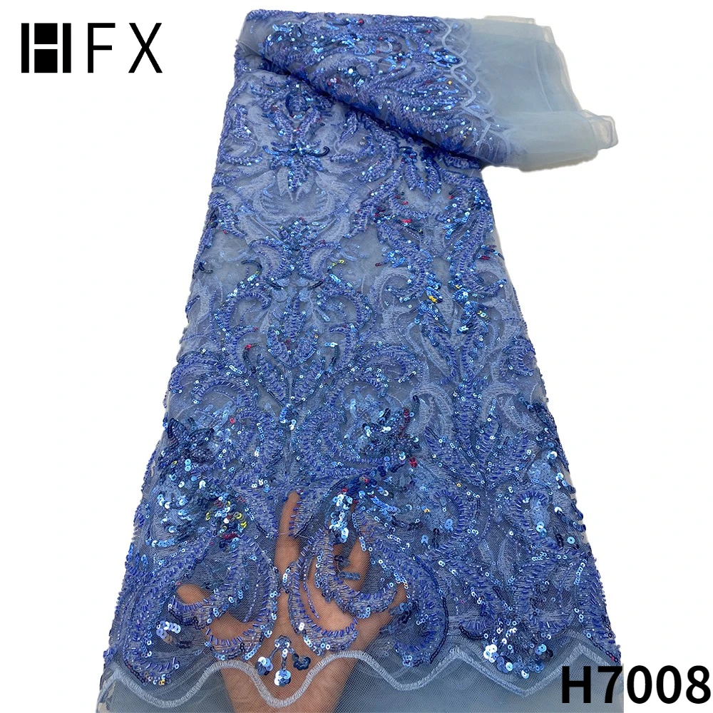 

HFX Latest African Lace Fabric Embroidery French Sequins Lace Fabrics 2022 Blue Tulle Laces With Beads For Wedding Dress F7008