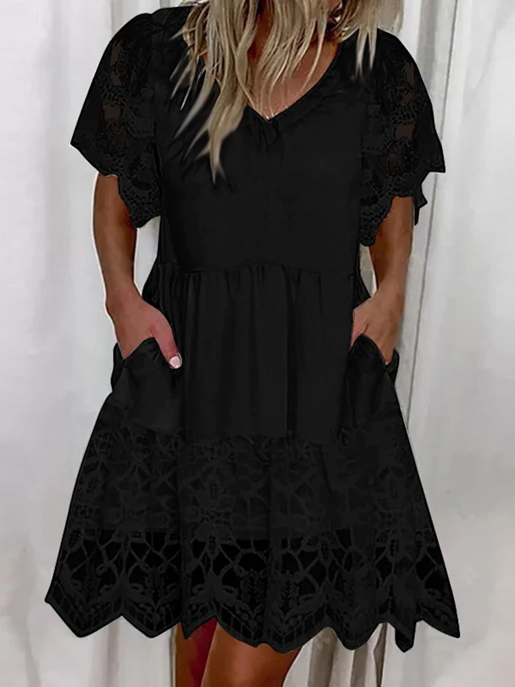 

ZANZEA Summer Lace Crochet Sundress Elegant Women's V Neck Short Sleeve Party Dress Stylish Holiday OL Midi Vestidos Robe Femme