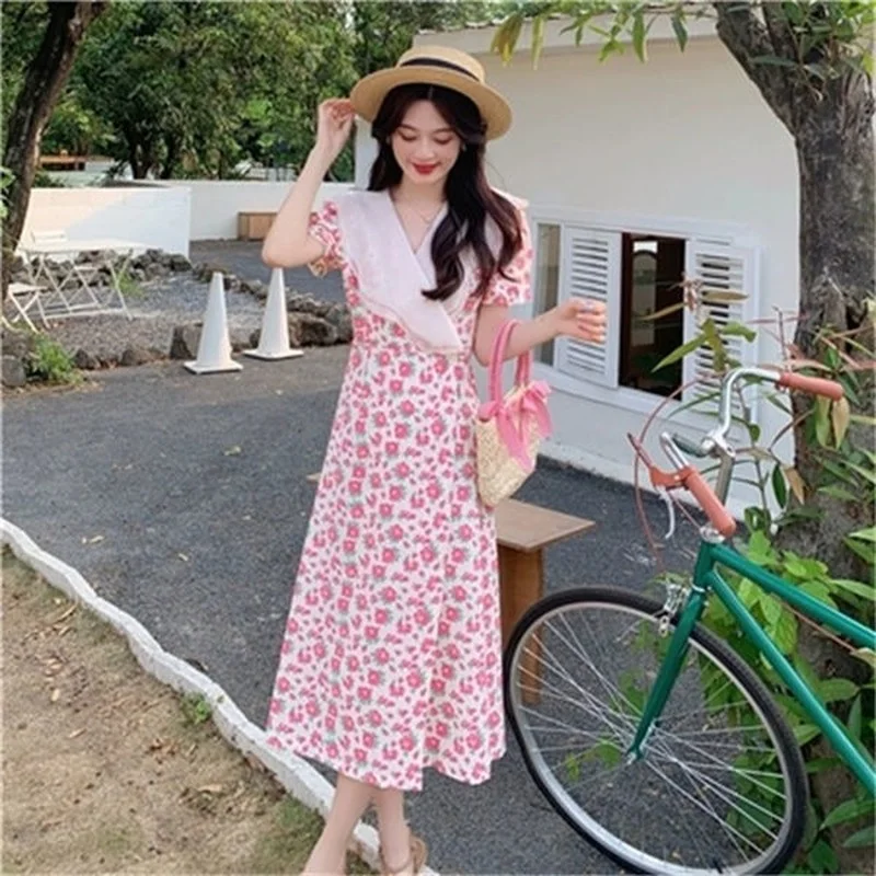 

Женское длинное платье, летнее хлопковое платье средней длины с V-образным вырезом, элегантная хлопковая одежда с цветочным рисунком, одежд...