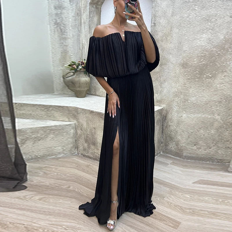 

Women Off-Shoulder Solid Color Split Dress New Elegant Slash Neck High Waist Party Dress Fashion Sexy Pleated Banquet Long Dress