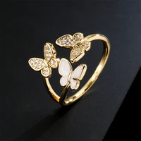 luxury copper inlaid zircon two butterfly open rings for women high quality opal adjustable finger ring valentines day jewelry