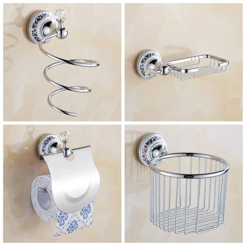 Европейский антикварный синий и белый фарфор, серебряный хрустальный держатель для бумаги, бумажная сетка, сетка для мыла, стойка для фена, оборудование для ванной комнаты