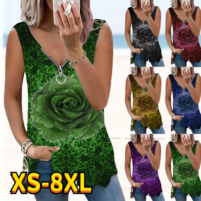 

2022 Women's Floral Theme Tank Top Vest Floral Flowing Tunic Quarter Zip Print V Neck Casual Streetwear Tops Green Blue 3D Print