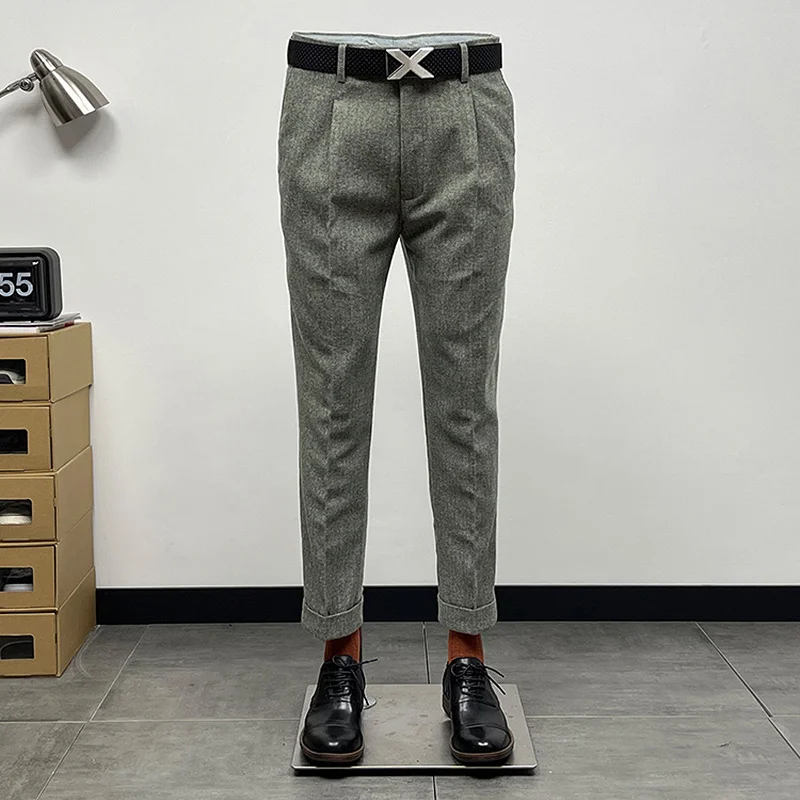 

23% Wool Mens Casual Pants Slim Fit Grey 2022 Men Winter Pants Trousers Korea Fashion Style Warm Roll Hem Suits Dress Pant 36