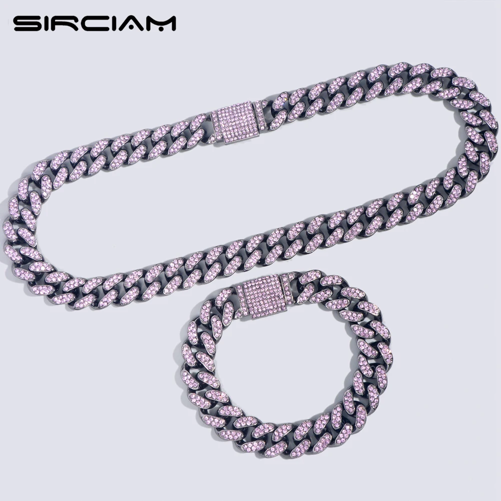 

Hip Hop Pink Full Rhinestones Rapper Necklace Gun Black Chain Bling 13MM Curb Cuban Link Chain For Women Iced Out Jewelry Gifts