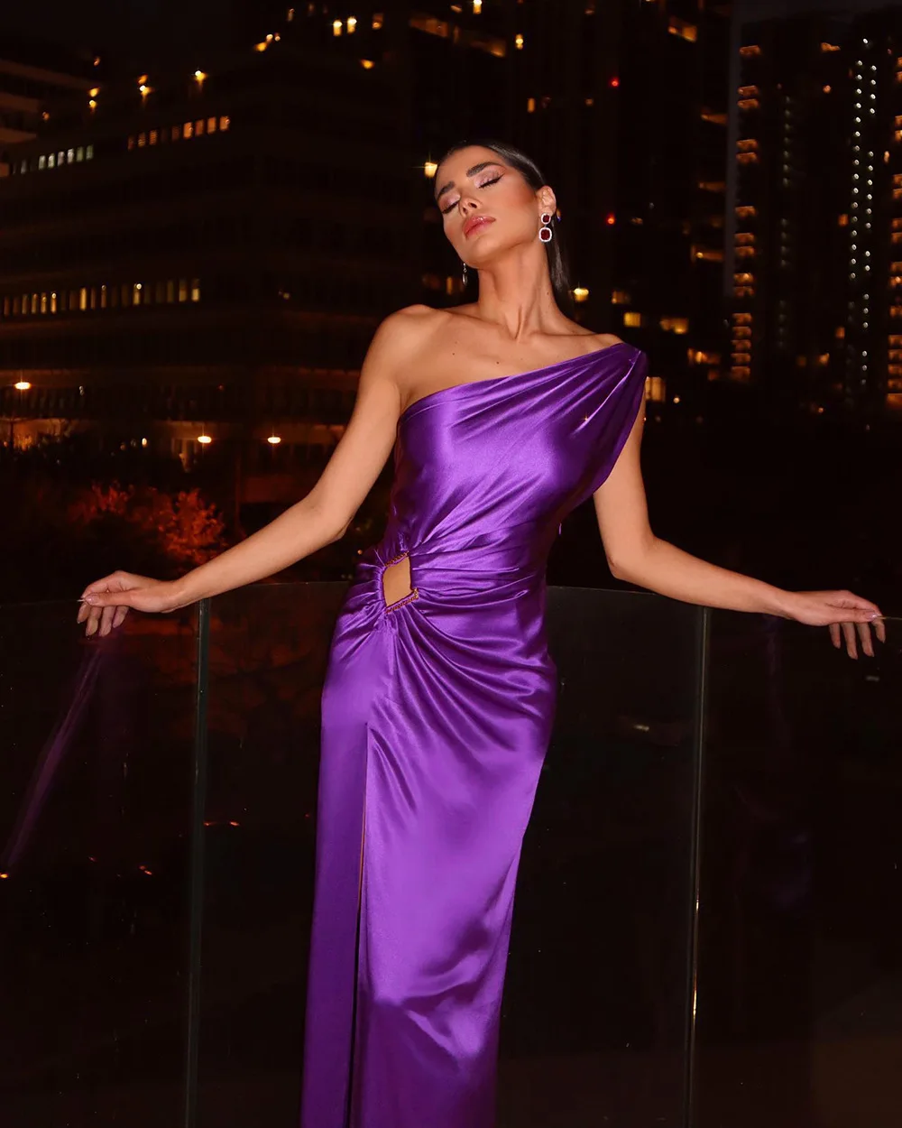 Women Purple Long Gown Sexy One Shoulder Skinny Draped Sleeveless Celebrity Party Dress Cutout High Slit Evening Dress