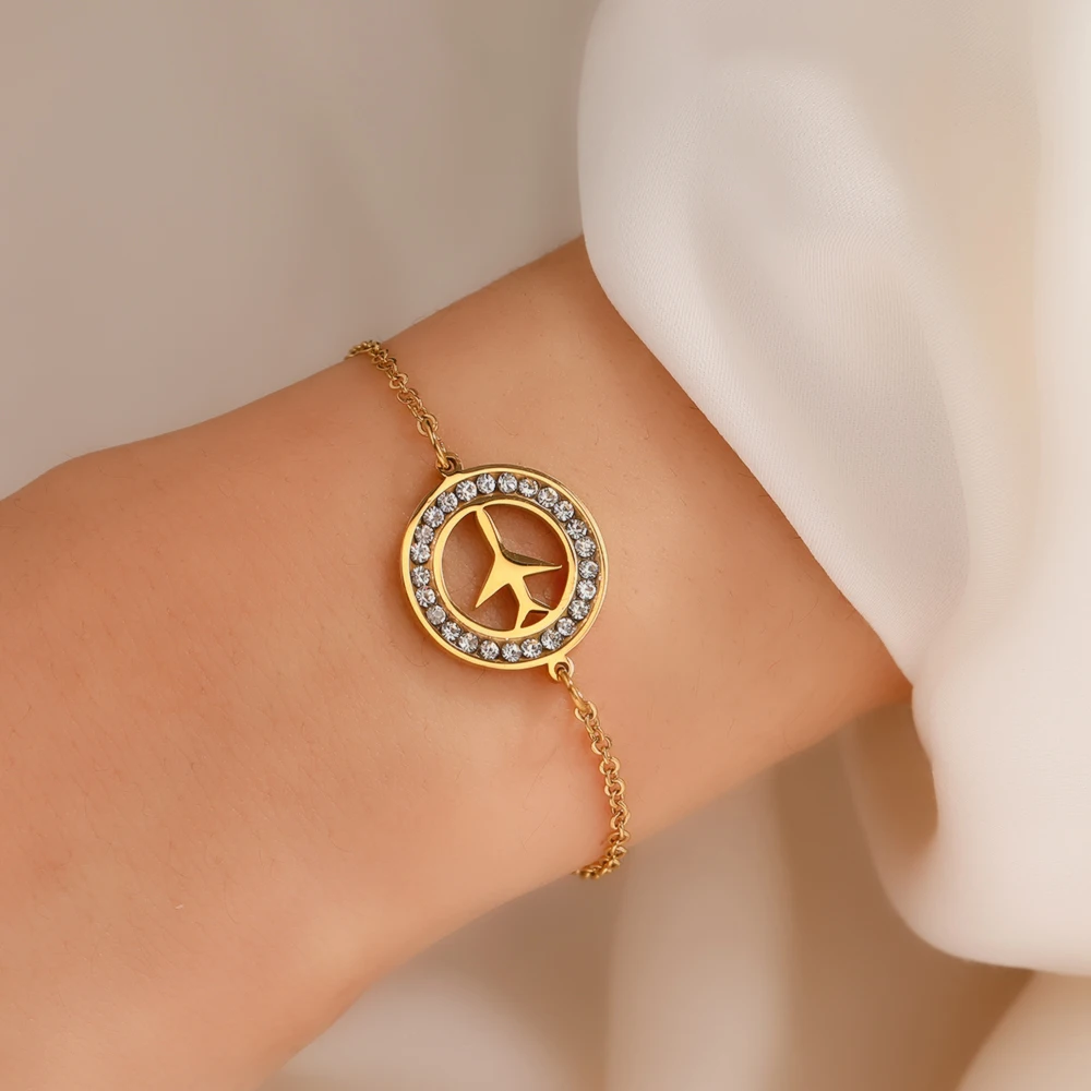 Браслет CACANA женский из нержавеющей стали 316L с кристаллами, простой круглый ювелирный украшение в виде самолета, золотистый цвет, обручальные подарки