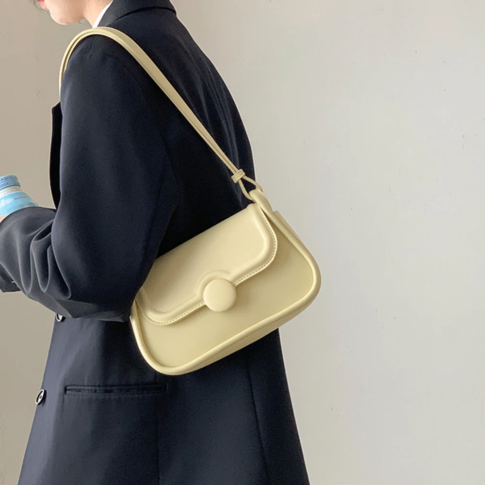 Spring and Summer Women's Bag Simple Designer Underarm Bags Macaron Solid Color PU Leather Round Magnetic Buckle Shoulder Bag