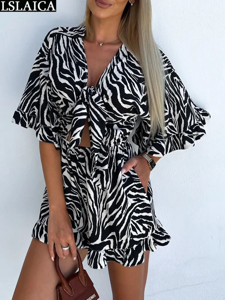 

Overalls for Women Ruffles Sleeve V Neck Zebra Stripes Print Lace Up Summer Fashion Bodysuit Elegant Beach Short One Pieces New
