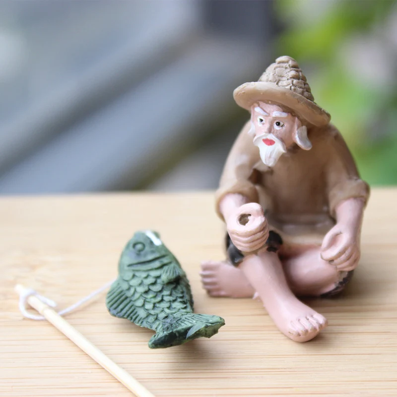 

Miniature Fishing Old Man Resin Figure Statue Mudman Sitting Garden Statue Ornament Outdoor Micro Landscape Bonsai Garden Crafts
