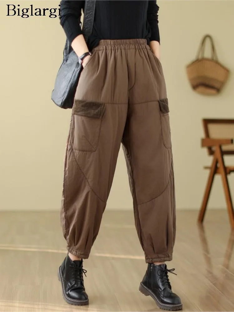 

Новинка; Зимние женские хлопковые брюки-карго в полоску; Модные Лоскутные женские брюки; Повседневные свободные женские длинные брюки; 2023