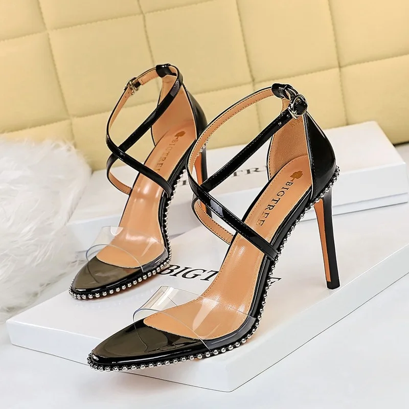 

XIZILV 2022 Summer Women's High Heel Sandals, Metal Stud High Heels Stiletto Heel Transparent Open Toe Cross Strap Sandals Women