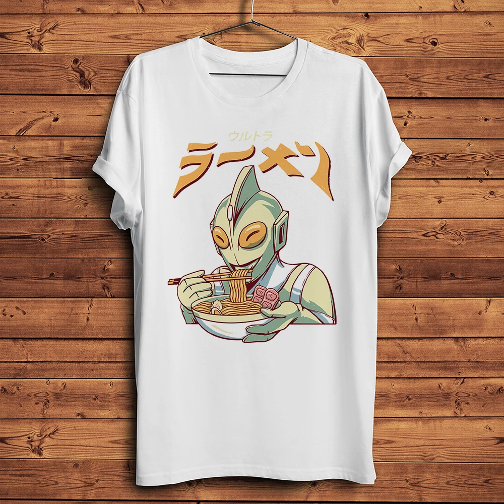 

Футболка мужская хлопковая с коротким рукавом, милая забавная Повседневная рубашка в стиле аниме Ультрамен и рамен, белая уличная одежда ун...