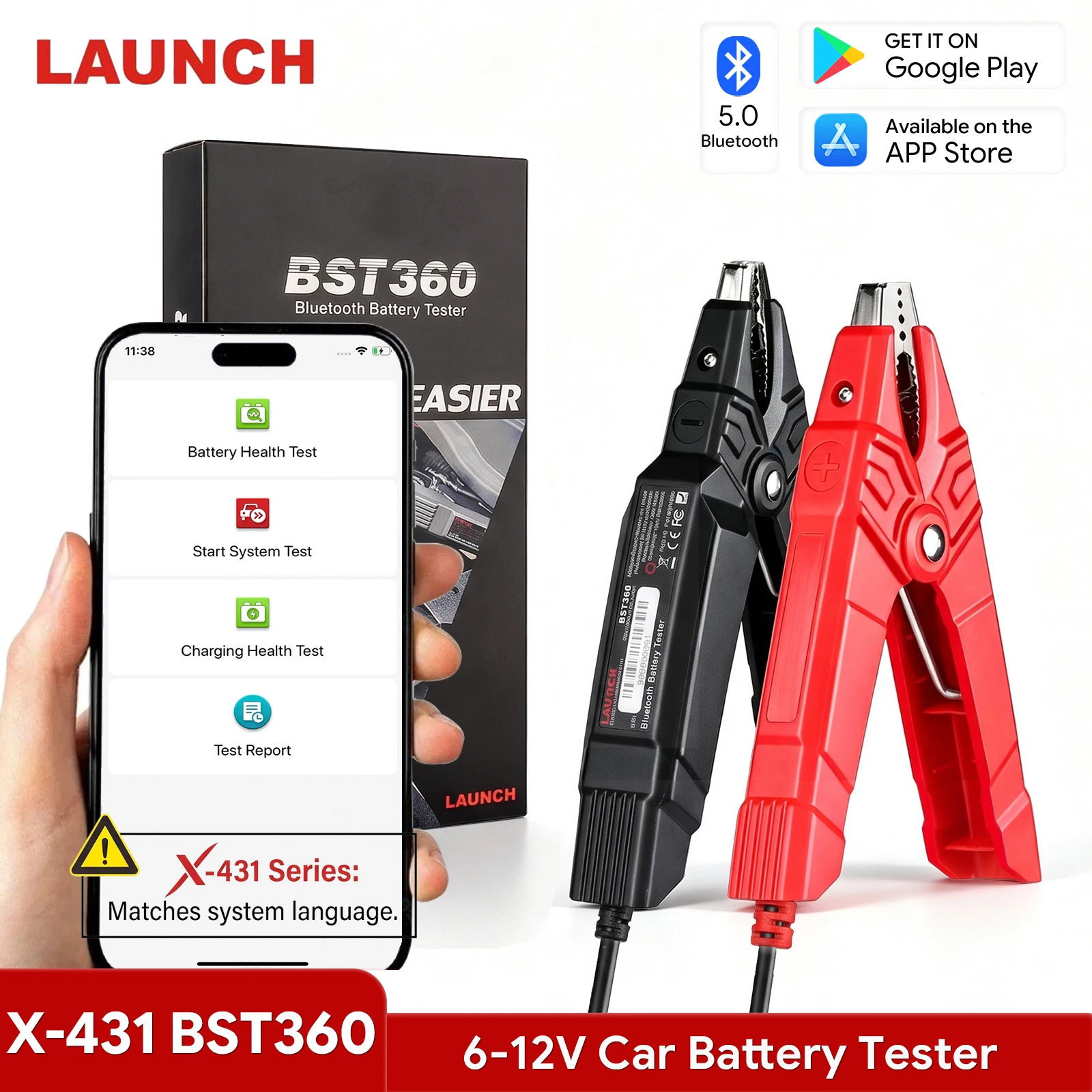 Фото LAUNCH BST360 12V Тестер автомобильных аккумуляторов Bluetooth, анализатор состояния батарей (SOH, SOC), тестер 2000CCA, диагностический инструмент для AGM, GEL, EFB аккумуляторов №1