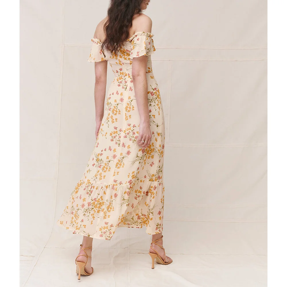 

Sexy Off Shoulder Dress Summer Women Party Elegant Vintage Beach Ruffle Short Sleeve Hem Floral Chiffon Midi