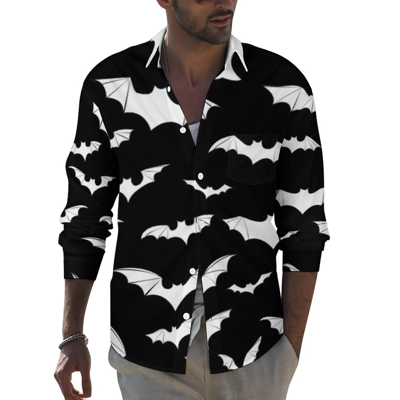 

Bat Shirt Man Animal Pattern Casual Shirts Spring Funny Design Blouses Long Sleeve Fashion Oversized Clothing Gift