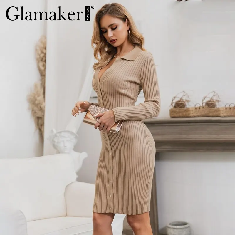 

Glamaker-Sexy Трикотажное облегающее платье-свитер для женщин, V-образный вырез в стиле ретро, длинный рукав, элегантное женское платье, Вечерний клуб, осень