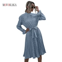 movokaka elegant spring folds midi dress vintage party long sleeve turtleneck dot printed vestidos sashes holiday casual dresses