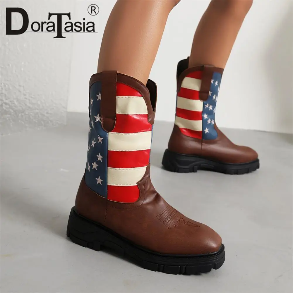 

Brand New men's Platform Cowboy Boots Fashion Mixed Colors Chunky Heels women's Western Boots Retro Unisex Cowgirl Shoes Male