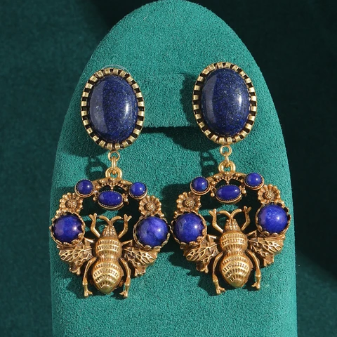 Винтажные серьги-капли из лазурита с рисунком пчелы золотого цвета, дизайнерские большие ювелирные изделия, роскошные очаровательные модные свадебные серьги 2025 года, юбилей