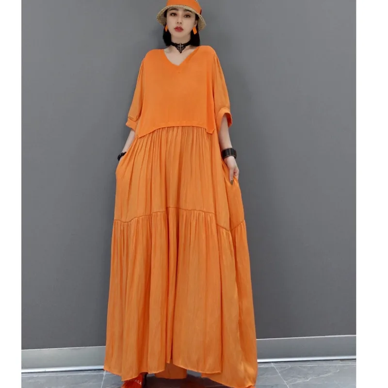 

Женское платье с коротким рукавом и V-образным вырезом, свободное однотонное платье средней длины с высокой талией, лето 2023