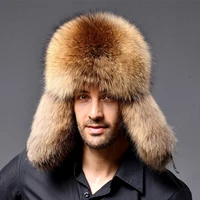 winter mens silver fox fur aviator bomber hat raccoon fur ushanka cap trapper russian man ski hats caps real leather