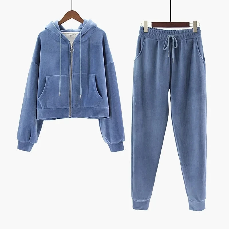 

2023 Autumn Winter Korean Women Velvet Tracksuit 2 Piece Set Thick Warm Casual Female Pant Suit Crop Hooded Zipper Sweatshirt