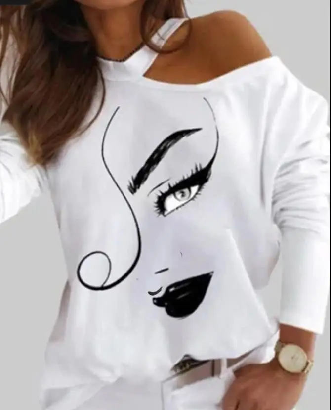 

Winter Dress Women's Shirt Fashion White T-Shirt Abstract Character Print Cold Shoulder Top Loose Versatile 3Xl