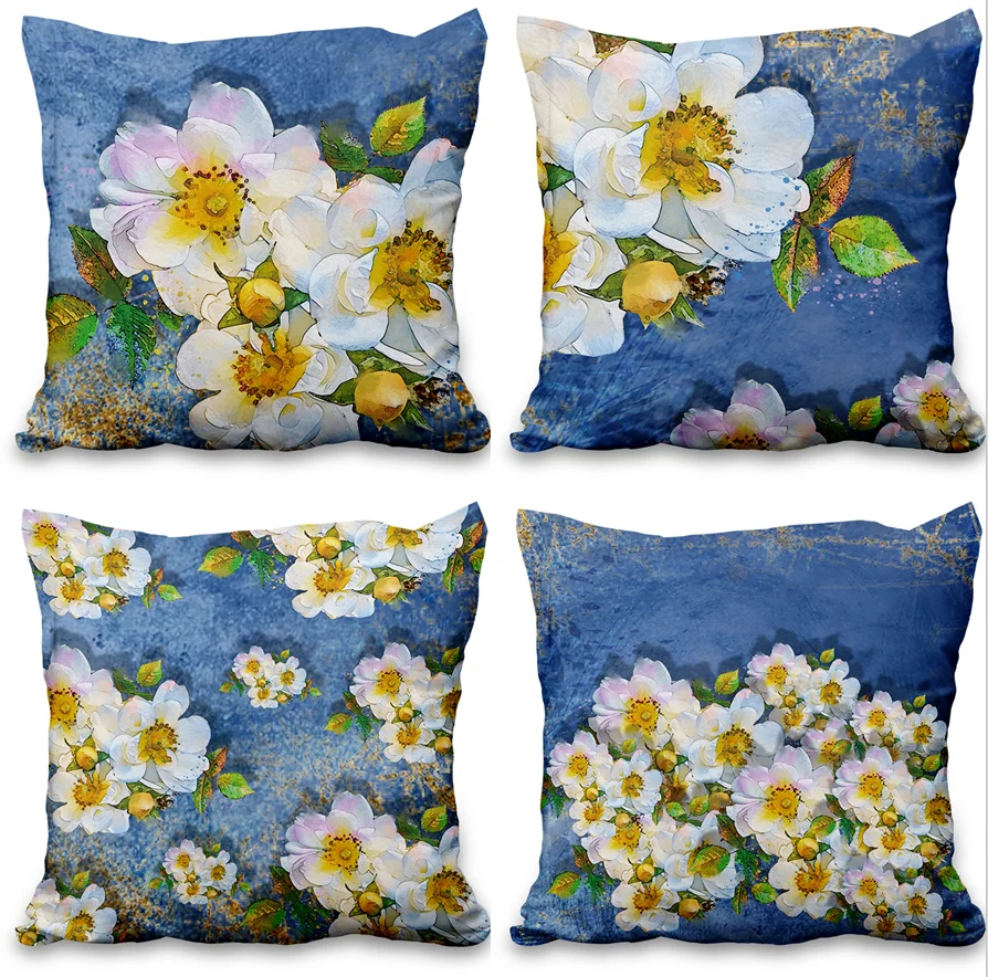 

Laeacco Blue White Flowers Painting Pillowcase Home Nordic Aesthetic Floral Cushion Pillow Cover Home Couch Bedroom Decor