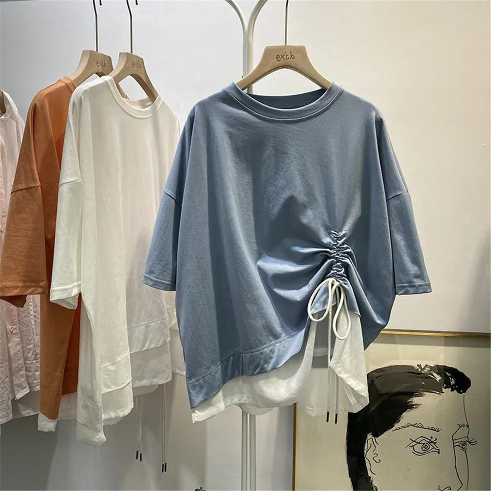 

Extra Large Size Women's Summer Loose Drawstring Fake Two Short-sleeved T-shirt Schoolgirls Cover The Meat Top Women Wear Shirt