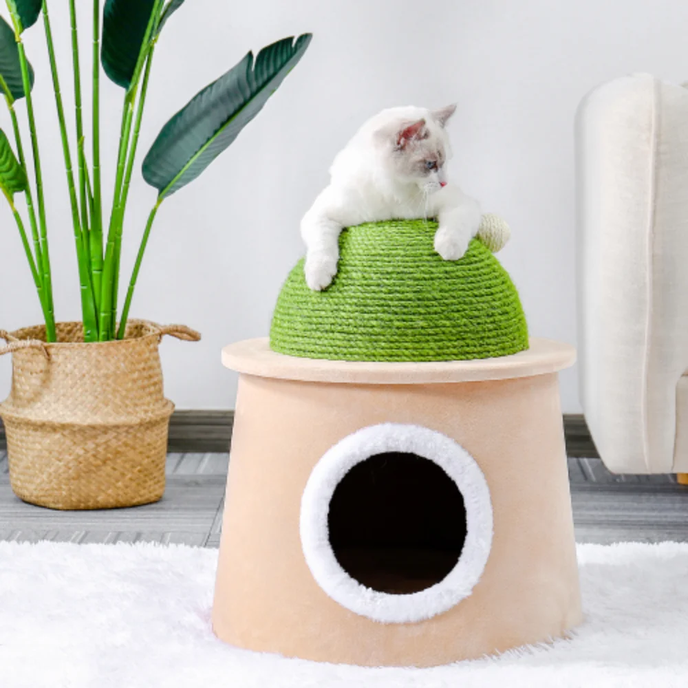 

SUGIFT 17.4 Inch Cactus Cat Cave House with Sisal Scratching Post and Sisal Ball for Cat Kittens Green L Cat House